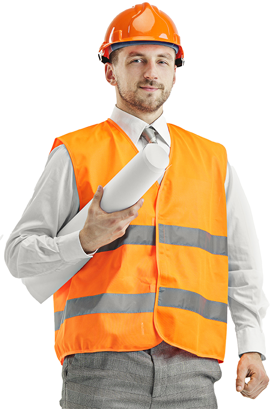 Builder Construction Vest Orange Helmet Standing Safety Specialist Engineer Industry Architecture Manager Occupation Businessman Job Concept